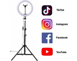 LED Ringlamp met statief (verstelbaar) incl telefoonhouder - 26 cm/10 inch -186 cm hoog - USB - flitser - Ring lamp - Vlog - Make-up light - Studiolamp