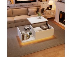 LED salontafel - hoogglans woonkamertafel - in hoogte verstelbare - met verborgen opbergruimte en legplanken - 50 x 100 x 33-46,5 cm - wit