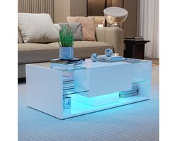 LED Salontafel Wit – Hoogglans Zwevend Design met Glazen Bovenblad en Opbergruimte – Scandinavische Stijl