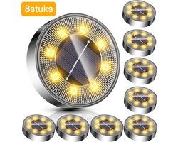 Led Solar Grondspots - (8stuks)Warm wit-RVS met 8 Leds Spotjes Grond Spots op Zonne-energie - 8 Uur Buiten Verlichting in Tuin - IP68 Waterdicht - Tuinverlichting Lamp op zonne energie-Buitenverlichting Tuinlamp
