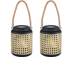 LED solar lantaarn tuindecoratie solar licht bamboe look terraslamp vloerlamp hanglamp, DxH 12x 30 cm, set van 2