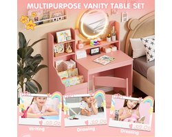 LED Spiegel 82,4x36,4x107,7 cm – Roze Make-up Tafel met Kruk, Opbergruimte & Boekenvak – Houten 2-in-1 Make-uptafel voor Meisjes vanaf 5 Jaar – Novihome Prinsessen Kaptafel