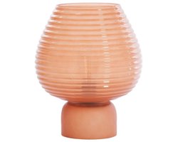 LED Tafellamp Liora Roze Koraal Glazen – Geribbeld Glas – Ø22 x 27 cm – Draadloze Sfeerverlichting (werkt op batterijen)