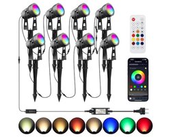 LED tuinspots 8 stuks 24V RGBW met app en afstandsbediening dimbaar timer IP65 waterdicht 24W 2100lm warmwit met grondpen voor buiten tuin gazon