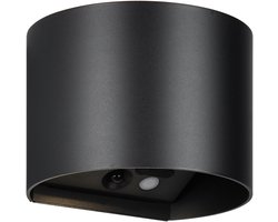 LED Tuinverlichting - Torna Elan - Wandlamp Buitenlamp - 2 Lichtpunten Boven en Onder van 1 Watt - Warm Wit 3000K - Bewegingssensor - Op Batterijen - Halfrond - Mat Zwart - Kunststof