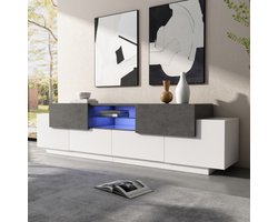 LED tv-meubel, tv-dressoir, lowboard, modern tv-entertainmentcenter met glazen planken voor de woonkamer, slaapkamer, tv-console met opbergruimte, game-mediakast voor 80/75/70/65/55 inch tv's, wit + grijs