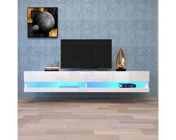 LED TV meubel -witTV lowboard met LED verlichting-TV bord met opbergruimte voor woonkamer 140x40x30.5cm- wit