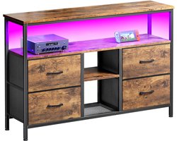 LED TV-standaard met 4 laden, Kleine TV-kast met opbergruimte, TV-bankje, Tv meubel, Stoffen ladekast voor de woonkamer Slaapkamer Hal Rustiek, 137x30x77cm, Bruin Rustiek