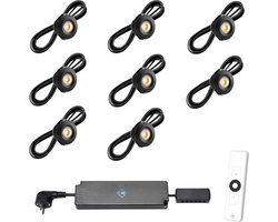 LED veranda inbouwspots Pals zwart ab inclusief trafo en afstandsbediening - 3W / dimbaar / inbouwspot / terrasoverkapping / overkapping / serre / carport / warm wit / rond / 230V / IP44 / set van 8 stuks