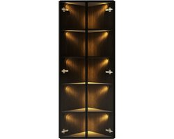 LED vitrinekast 62x35x160cm – Buitenkant van eikenhout, geïntegreerde LED-verlichting, stofvrije kast van gehard glas, hoekvitrine met deur – Verzamelkast, boekenkast, wijnkast, badkamermeubel-Zwart