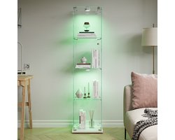 LED-vitrinekast met glazen deuren, één deur, afsluitbaar met vier lagen, geschikt voor de woonkamer, voor verzamelobjecten, boeken of als wijnkast - witte LED-stripverlichting