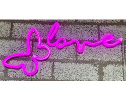 LED vlinder en love met neonlicht - Set van 2 stuks - roze neon licht - Op batterijen en USB - hoogte vlinder 22.5 x 16 x 2 cm - hoogte love 13.5 x 34.5 x 2 cm - Wandlamp - Sfeerlamp - Decoratieve verlichting - Woonaccessoires
