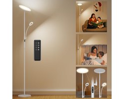LED Vloerlamp 35W, 4200lm Dimbare Vloerlamp met Afstandsbediening, Grijze Staande Lamp met Leeslamp 2-Lichts Design Uplight Vloerlamp voor Kinderkamer Woonkamer Kantoor Slaapkamer [Energieklasse E]