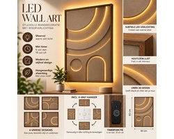 LED Wall Art Wanddecoratie 48 x 68 cm – 3D Wandpaneel met Warme LED Verlichting – Timer 6u Aan / 18u Uit – Inclusief 4-Way Hanger – Houtlook Lijst