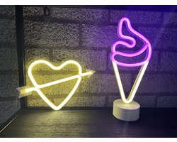 LED wand en tafel lamp met neonlicht - Set van 2 stuks - Hart+Pijl & IJsje - warm wit en roze+warm wit neon licht - Werken op batterijen en/of USB - Wandlamp - Tafellamp - Decoratieve verlichting - Woonaccessoires