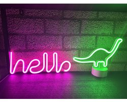 LED wand en tafel lamp met neonlicht - Set van 2 stuks - Hello & Dino - roze en groen neon licht - Werken op batterijen en/of USB - Wandlamp - Tafellamp - Decoratieve verlichting - Woonaccessoires