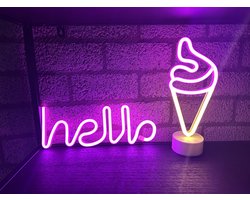 LED wand en tafel lamp met neonlicht - Set van 2 stuks - Hello & IJsje - roze + roze+warm wit neon licht - Werken op batterijen en/of USB - Wandlamp - Tafellamp - Decoratieve verlichting - Woonaccessoires