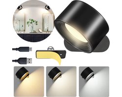 Led Wandlamp Binnen Oplaadbaar - Oplaadbare Wandlamp - Draadloos – Leeslamp - Dimbaar - Touch Bediening – Zonder boren – 360° rotatie - Zwart