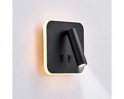 LED Wandlamp, Leeslamp aan het Bed, 12W LED Wandleeslampen, Verstelbare Spot 3W +9W 3000K Warm Licht Zwart Vierkant