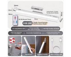 Led-wandlamp / leeslamp / leeslampje voor boek / bureaulamp — magnetisch / monteerbaar / draagbaar — 88° draaibaar — oplaadbaar via USB — 3 kleurtemperaturen — traploos dimbaar — 6 W — inclusief afstandsbediening — timerfunctie — 1200 mAh — 33,8 cm