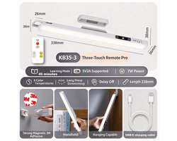 Led-wandlamp / Leeslamp / leeslampje voor boek / Bureaulamp — Magnetisch / Monteerbaar / Draagbaar — 90° draaibaar — Oplaadbaar via USB — 3 kleurtemperaturen — Traploos dimbaar — 7 W — Inclusief afstandsbediening — Timerfunctie — 1200 mAh — 33,8 cm