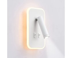 LED wandlamp, leeslamp naast het bed, 12W LED wandleeslampjes, verstelbare spot (3W + 9W 3000K warm licht) wit (vierkant) - Cyslmuk®