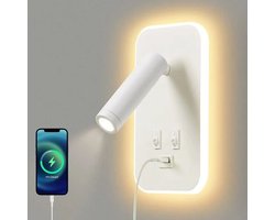 LED-wandlamp, leeslamp naast het bed met schakelaar, USB-oplaadpoort, instelbare sfeerverlichting voor de slaapkamer (3W natuurlijk licht + 9W warm licht) Wit