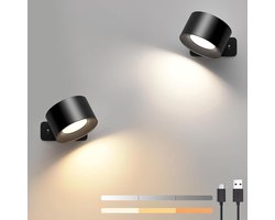 Led-wandlamp voor binnen - 2 stuks - 3 helderheidsniveaus - 3 kleurmodi - bedlamp - 360 graden draaibare - touch-bediening - draadloos - woonkamer slaapkamer hal - zwart. wandlamp oplaadbaar