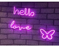 LED wandlampen met neonlicht - Set van 3 stuks - Hello / Love / Vlinder - roze neon licht - Werken op batterijen en/of USB - Wandlamp - Decoratieve verlichting - Woonaccessoires
