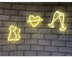 LED wandlampen met neonlicht - Set van 3 stuks - Kat / Hart+Pijl / Glazen - warm wit neon licht - Werken op batterijen en/of USB - Wandlamp - Decoratieve verlichting - Woonaccessoires
