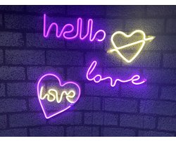LED wandlampen met neonlicht - Set van 4 stuks - Hart+Love / Hello / Love / Hart+Pijl - roze en warm wit neon licht - Werken op batterijen en/of USB - Wandlamp - Decoratieve verlichting - Woonaccessoires