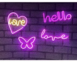 LED wandlampen met neonlicht - Set van 4 stuks - Hart+Love / Vlinder / Hello / Love - roze & warm wit neon licht - Werken op batterijen en/of USB - Wandlamp - Decoratieve verlichting - Woonaccessoires