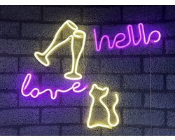 LED wandlampen met neonlicht - Set van 4 stuks - Love / Glazen / Hello / Kat - roze & warm wit neon licht - Werken op batterijen en/of USB - Wandlamp - Decoratieve verlichting - Woonaccessoires