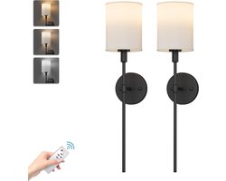 LED-wandlampen voor binnen draadloos met accu - dimbaar - 5500 mAh - afstandsbediening - 3 kleurtemperaturen - witte stoffen kap wandlamp oplaadbaar