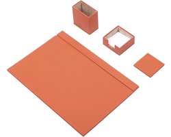 Lederen Bureauset ORANGE -Wit Gestikt-4 Accessoires-Bureau Accessoires- Voor Kantoor-Bureau Accessoires-Office Organizer-Bureau Pad - Bureau Organizers En Accessoires