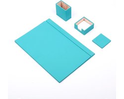 Lederen Bureauset TURQUOISE- Wit Gestikt-4 Accessoires-Bureau Accessoires - Voor Kantoor-Bureau Accessoires-Office Organizer-Bureau Pad - Bureau Organizers En Accessoires
