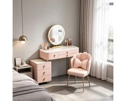 Lederen Ge polsterde Make-up Tafel met 3-Kleuren LED Spiegel, Flexibele Opbergkast en Petal Stoel