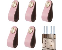 Lederen Handgrepen Set - 6 Stuks Meubelknoppen - 64x25mm Rundleer met Messing - Waterdicht en Kindveilig Design - voor Keuken Kast en Lade Renovatie - Roze