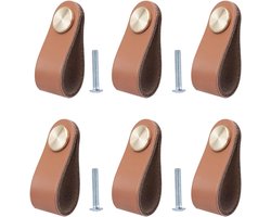 Lederen Handgrepen Set - Meubelknoppen Leer - 6 Stuks - Zacht Rundleer Met Messing Kop - Voor Keuken En Kast Renovatie - Diepe koffie