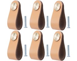 Lederen Handgrepen Set - Meubelknoppen Leer en Messing - 6 Stuks 64x25 mm - Duurzame Ladegreep voor Renovatie - Keuken Kast Slaapkamer - Beige