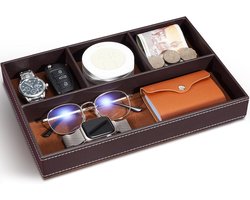 Lederen opbergplateau, valet tray, bureauorganizer, nachtkastorganizer voor heren, geschikt voor munten, sieraden, sleutels en horloges (bruin)
