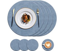 Lederen placemats en onderzetters set - hittebestendig - 325 graden Fahrenheit - antislip en waterdicht - gemakkelijk te reinigen - PU-tafelmatten - keuken - thuis - restaurant - eettafel - 8 stuks - blauw