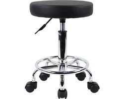 lederen ronde rolkruk met voetsteun draaibaar hoogteverstelling spa opstellen salon tattoo werk kantoor massage krukken taak stoel klein (Zwart)