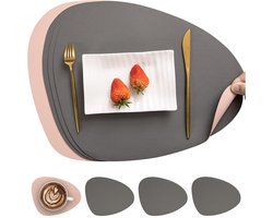 Lederlook Placemats - Lederen tafelmatten en onderzetters - Waterafstotende Onderzetters - 4 Stuks - 36.5*45 cm - Grijs/Roze（Dubbelzijdige kleur）