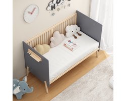 Ledikant- massief hout - milieuvriendelijke verfafwerking - in drie hoogtes verstelbaar - 163x80x92 cm - kan gebruikt worden als bed/slaapbank - matras niet inbegrepen - blauwgrijs + natuurlijke houtkleur