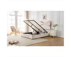 Ledikant – Tweepersoonsbed – Bedframe – Meegroeibed – Slaapbed – Verstelbaar Hoofdbord – Metalen Lattenbodem – 140x200 cm – Beige Roze
