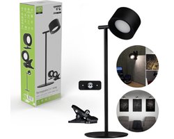 LED's Light 3 in 1 Oplaadbare draadloze Tafellamp Spotje – Oplaadbare Wandlamp op Batterijen Draadloos op accu – Dimbare Lamp op Accu met Klem - USB oplaadbaar - Zwart