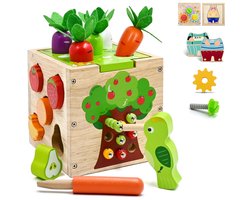 Leefico Activiteiten Kubus - Montessori Speelgoed voor Baby - Sensorisch Educatief Kinderspeelgoed 1 jaar - Houten Speelgoed voor Peuters - Oranje