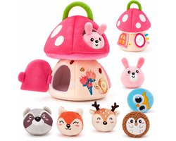 Leefico Pluche Speelgoed Paddestoel Roze - Sensorisch Baby Speelgoed voor Meisjes - Baby Speelgoed 6-12 maanden - Montessori Speelgoed 1 jaar voor Peuter Meisje - Kinderspeelgoed met Educatieve Activiteiten - Baby Cadeau voor Meisjes