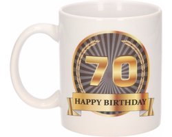 Leeftijd 70 jaar Koffiebeker - Mok - Luxe print in zwart/goud - Wit - verjaardag cadeau - 300 ml - Mannen en vrouwen